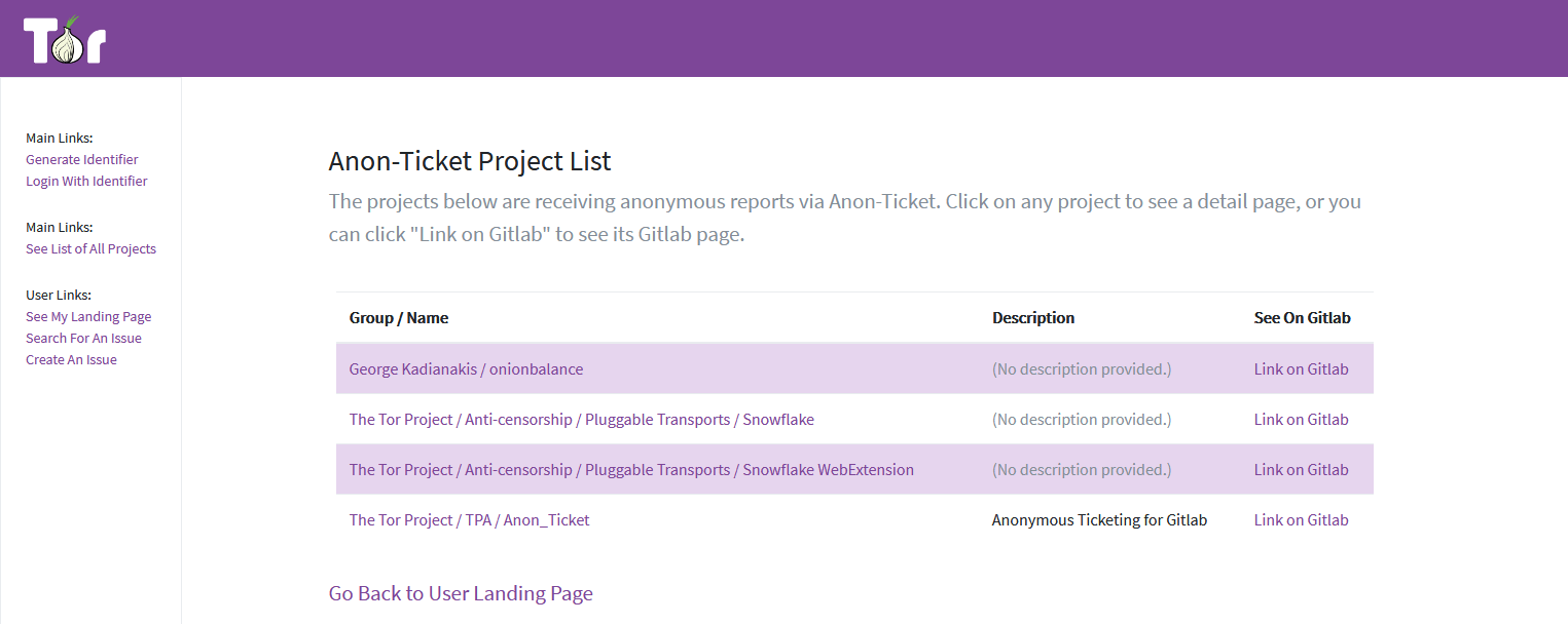 A screen showing a list of projects that use the Anon-Ticket project. Each project has a link that says "Link on Gitlab."
